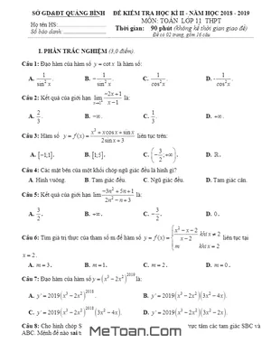 Đề thi học kì 2 Toán 11 năm học 2018 - 2019 sở GD&ĐT Quảng Bình