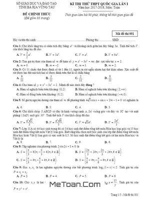 Đề thi thử THPT Quốc gia 2018 môn Toán lần 1 sở GD&ĐT Bà Rịa – Vũng Tàu