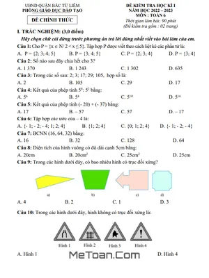 Đề thi học kì 1 Toán lớp 6 năm 2022 - 2023 phòng GD&ĐT Bắc Từ Liêm - Hà Nội