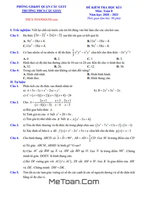 Đề thi học kì 1 Toán 8 năm 2020 - 2021 trường THCS Cầu Giấy - Hà Nội