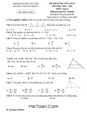 Đề thi giữa kì 2 Toán 8 năm 2021-2022 trường THCS Cổ Nhuế 2 - Hà Nội