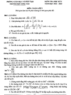 Đề thi học kỳ 1 Toán 9 năm 2022 - 2023 phòng GD&ĐT Vũng Tàu - BR VT