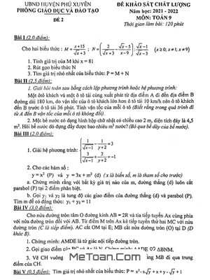 Đề KSCL Toán 9 năm 2021 - 2022 phòng GD&ĐT Phú Xuyên - Hà Nội