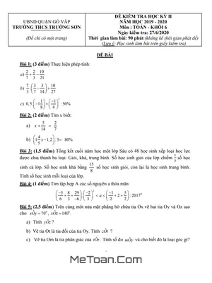 Đề thi học kì 2 Toán lớp 6 năm 2019 - 2020 trường THCS Trường Sơn - TP.HCM (có đáp án)