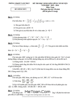 Đề Thi HSG Toán 8 Cấp Huyện Năm 2015 - 2016 Phòng GD&ĐT Nam Trực - Nam Định