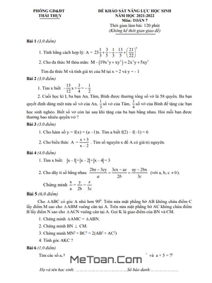 Đề khảo sát năng lực Toán 7 năm 2021 - 2022 phòng GD&ĐT Thái Thụy - Thái Bình