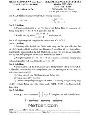 Đề thi học kì 2 Toán lớp 9 năm 2023 - 2024 phòng GD&ĐT TP. Hải Dương (có đáp án)