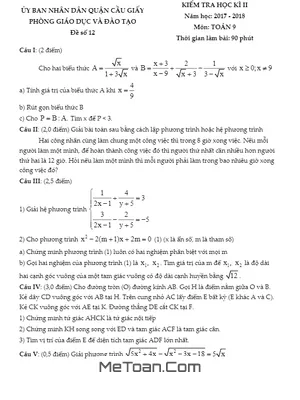 Đề thi Học Kỳ 2 Toán 9 Năm 2017-2018 Phòng GD&ĐT Cầu Giấy - Hà Nội (Có Lời Giải)