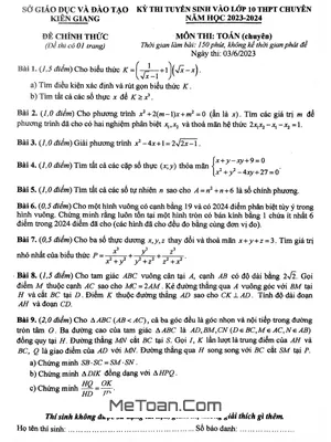 Đề thi vào lớp 10 chuyên Toán Kiên Giang năm 2023 - 2024