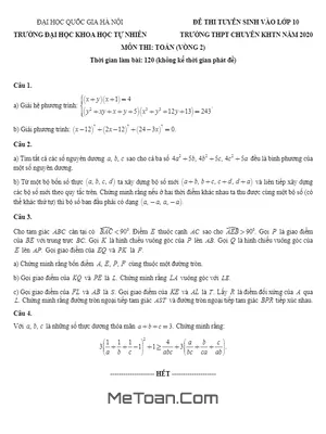 Đề thi tuyển sinh lớp 10 môn Toán năm 2020 trường THPT chuyên KHTN Hà Nội (vòng 2)