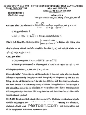 Đề thi chọn học sinh giỏi Toán THCS năm 2023 - 2024 sở GD&ĐT Cần Thơ