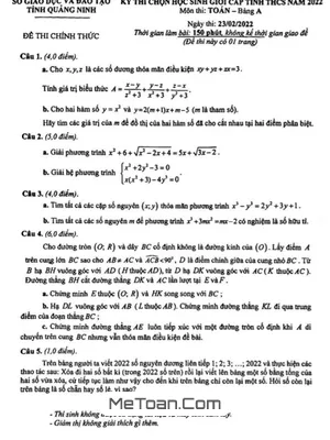 Đề thi HSG Toán THCS cấp Tỉnh Quảng Ninh năm 2022