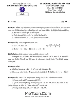 Đề khảo sát Toán 9 đầu năm 2024 - 2025 trường THCS Nguyễn Công Trứ - Hà Nội