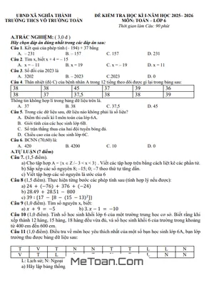Đề thi cuối học kỳ 1 môn Toán 6 năm học 2025 – 2026 trường THCS Võ Trường Toản – TP.HCM