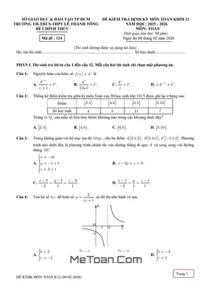 Đề kiểm tra Toán 12 tháng 2 năm 2026: Trường Lê Thánh Tông – TP. Hồ Chí Minh