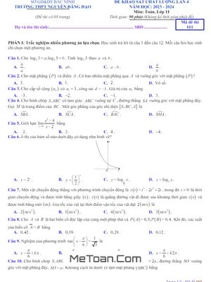 Đề khảo sát lần 4 Toán 11 năm 2023 - 2024 trường THPT Nguyễn Đăng Đạo - Bắc Ninh