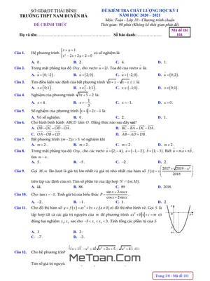 Đề thi HK1 Toán 10 năm 2020 - 2021 trường THPT Nam Duyên Hà - Thái Bình