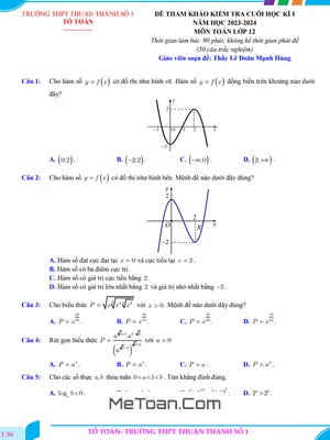 Bộ Đề Tham Khảo Cuối Kì 1 Toán 12 Năm 2023 - 2024 Trường Thuận Thành 1 - Bắc Ninh