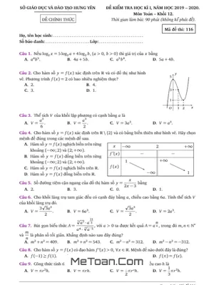 Đề thi học kì 1 Toán 12 năm 2019 - 2020 Sở GD&ĐT Hưng Yên
