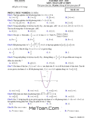 Đề thi học kì 2 Toán 10 THPT năm học 2019 - 2020 sở GD&ĐT Bắc Giang