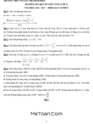 Đề thi HK1 Toán 11 năm học 2016 - 2017 trường Nguyễn Thị Minh Khai - TP.HCM