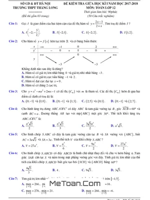 Đề thi giữa kì 1 Toán 12 năm 2017 – 2018 trường THPT Thăng Long – Hà Nội