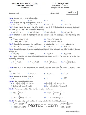 Đề thi học kì 2 môn Toán lớp 12 năm 2019 - 2020 trường THPT Trưng Vương - TP.HCM