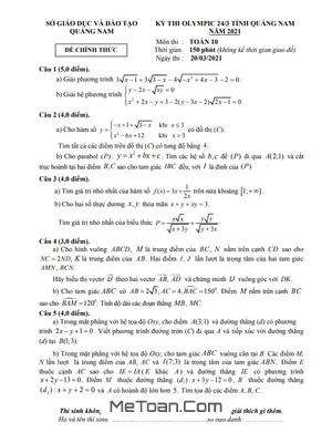 Đề thi Olympic 24/3 môn Toán lớp 10 năm 2021 sở GD&ĐT Quảng Nam
