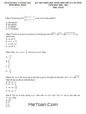 Đề thi học sinh giỏi Toán 12 cấp tỉnh năm 2020 - 2021 sở GD&ĐT Đồng Tháp