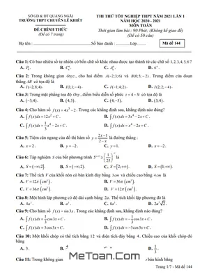 Đề thi thử Toán TN THPT 2021 lần 1 trường chuyên Lê Khiết – Quảng Ngãi