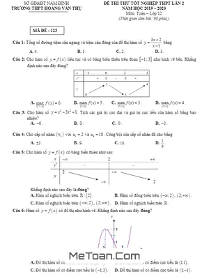 Đề thi thử THPT 2020 môn Toán lần 2 trường Hoàng Văn Thụ – Nam Định