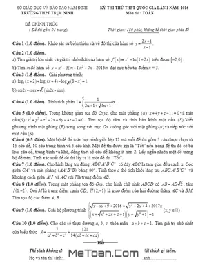 Đề thi thử THPT Quốc gia môn Toán trường Trực Ninh - Nam Định lần 1 năm 2016 có đáp án