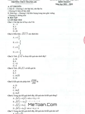 Ôn thi học kì 1 Toán 9 năm 2021 - 2022 trường THCS Thanh Am - Hà Nội