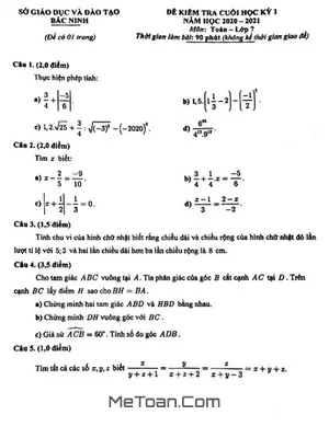 Đề Thi Cuối Học Kỳ 1 Toán 7 Năm 2020 - 2021 Sở GD&ĐT Bắc Ninh