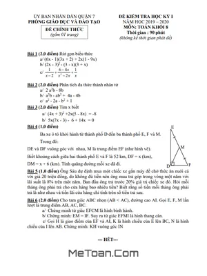 Đề thi học kỳ 1 Toán 8 năm 2019 - 2020 phòng GD&ĐT Quận 7 - TP HCM