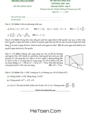 Đề thi giữa kì 2 Toán 8 năm 2020 - 2021 trường THCS An Nhơn - TP HCM