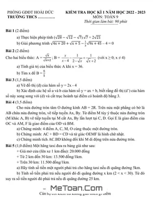 Đề học kì 1 Toán 9 năm 2022 – 2023 phòng GD&ĐT Hoài Đức – Hà Nội