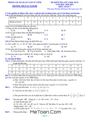 Đề thi giữa kì 2 Toán 7 năm 2020 - 2021 trường THCS Lý Nam Đế - Hà Nội