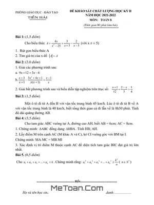 Đề thi học kỳ 2 Toán 8 năm 2021 - 2022 phòng GD&ĐT Tiền Hải - Thái Bình