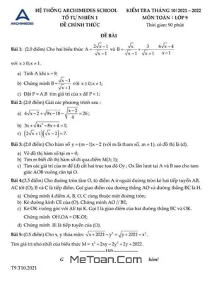 Đề Thi Toán 9 Tháng 10 Năm 2021 Trường THCS Archimedes Academy - Hà Nội