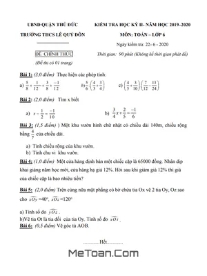 Đề thi HK2 Toán lớp 6 năm 2019 - 2020 trường THCS Lê Quý Đôn - TP HCM