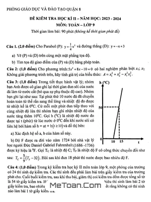 Đề thi học kì 2 Toán lớp 9 năm 2023 - 2024 phòng GD&ĐT Quận 8 - TP.HCM