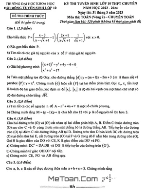 Đề thi tuyển sinh lớp 10 chuyên Toán (vòng 2) năm 2023 - 2024 trường ĐHKH Huế