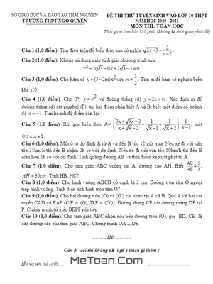 Bộ Đề Thi Thử Vào Lớp 10 Môn Toán Trường Ngô Quyền – Thái Nguyên Năm 2020 - 2021 Có Lời Giải