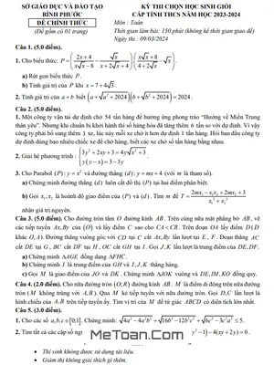 Đề thi học sinh giỏi cấp tỉnh môn Toán THCS năm 2023 - 2024 sở GD&ĐT Bình Phước