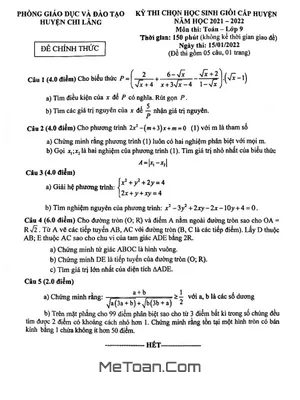 Đề thi HSG Toán 9 năm 2021-2022 phòng GD&ĐT Chi Lăng - Lạng Sơn