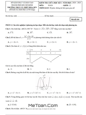 Đề giữa kì 1 Toán 12 năm 2024 - 2025 trường THCS & THPT Hoa Sen - TP HCM