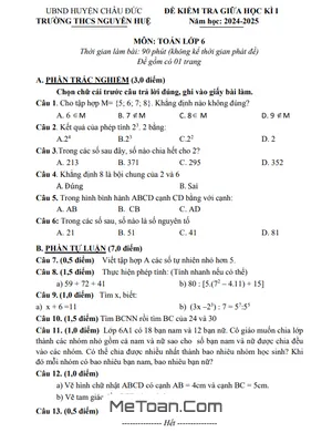 Đề Thi Giữa Kì 1 Môn Toán Lớp 6 Năm 2024 - 2025 Trường THCS Nguyễn Huệ - BR VT (Có Đáp Án)