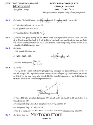 Đề thi học kỳ 1 Toán 9 năm 2024 - 2025 phòng GD&ĐT Chương Mỹ - Hà Nội