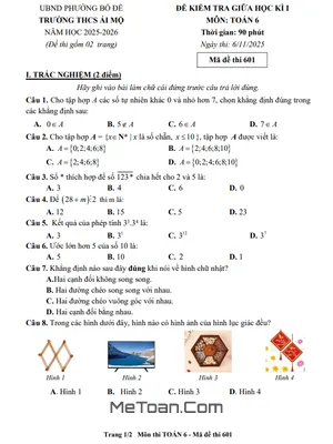 Đề thi giữa học kì 1 Toán 6 năm 2025 - 2026 trường THCS Ái Mộ - Hà Nội